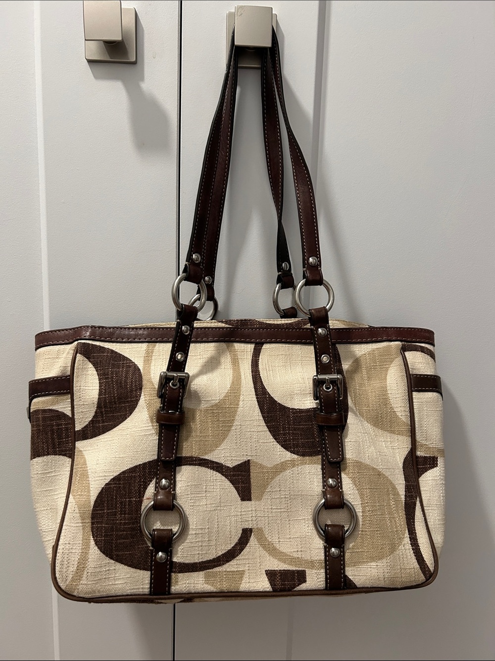 Coach Gallery Cream and Brown Signature Canvas Tote with Ring Accents